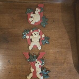 Vtg HOMCO JOY Bears Christmas Wall Hanging Letters Set of 3 MCM Holiday Decor 5"